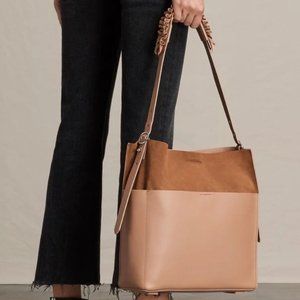 ALLSAINTS – Maya North South Leather Suede Shoulder Bag in Beige / Tan